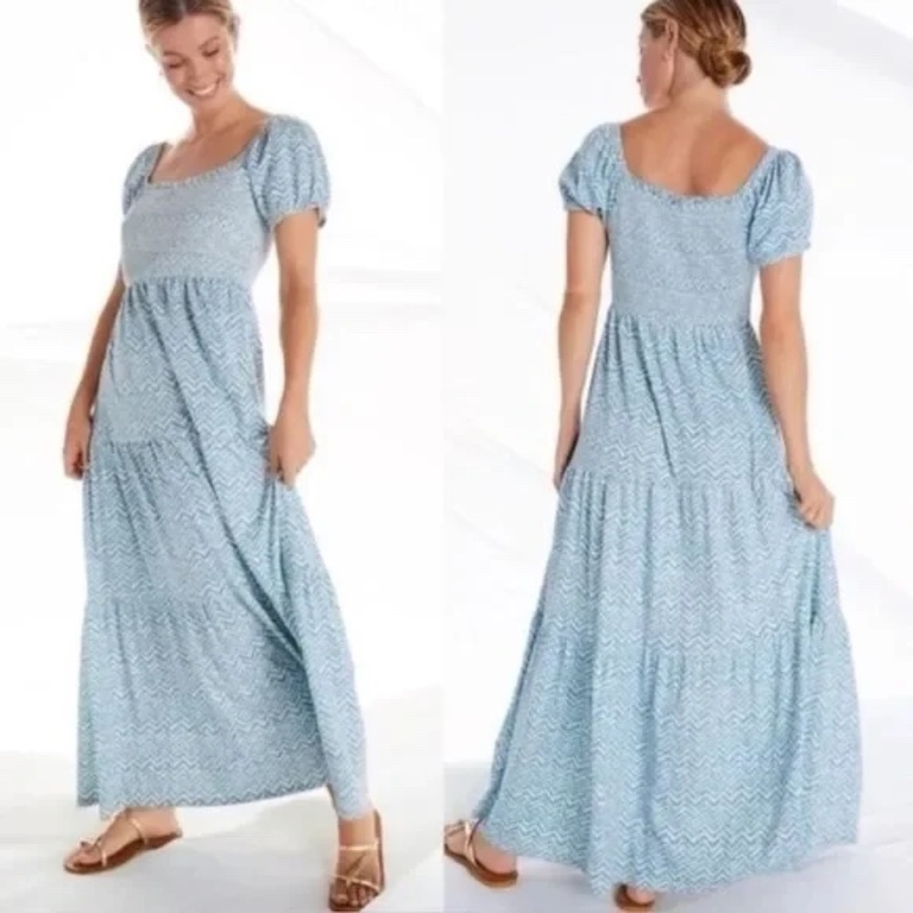 Daily Practice by Anthropologie Blue Chevron Smocked Tiered Maxi Dress | Medium